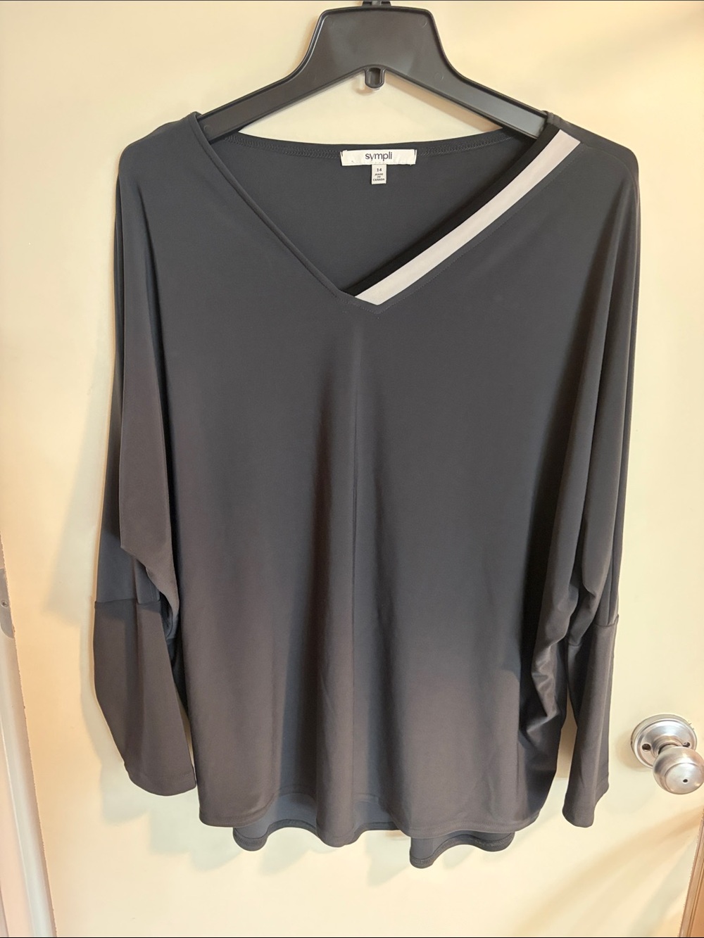 Sympli Charcoal V-Neck Long Sleeve Top with Light Gray Neck Stripe